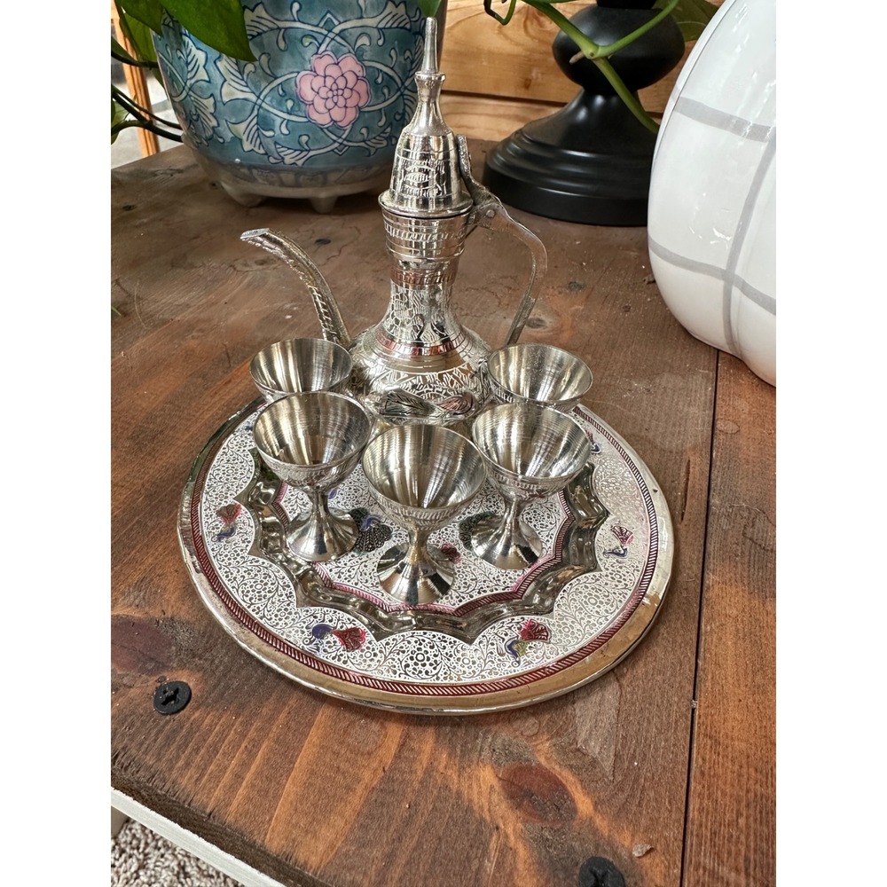 Vintage Turkish Tea Coffee Set Silver Dallah Pitcher 5 Cups Tray Etched Enamel